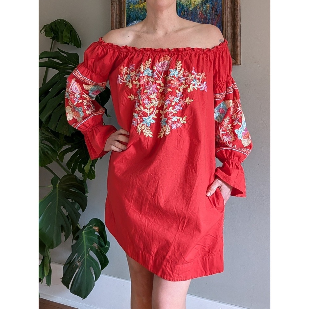 Free People Fleur Du‎ Jour Red Floral Embroidered Off the Shoulder Dress Large